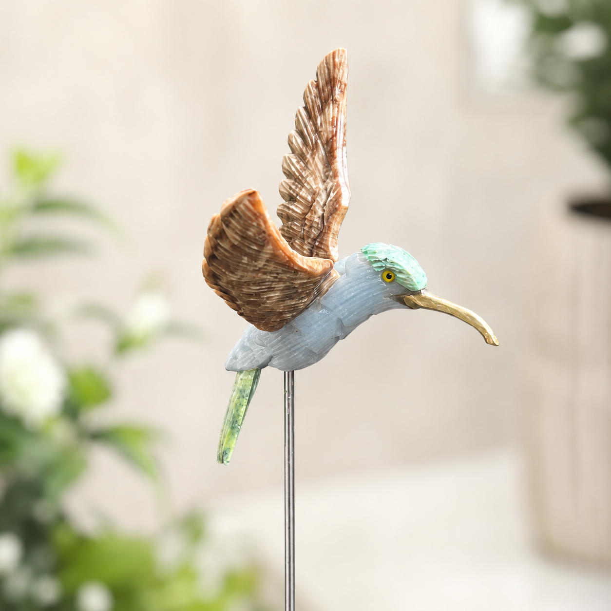 Gemstone Hummingbird Garden Stake – Natural Stone Bird & Planter Decor