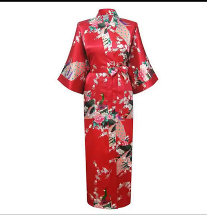 Silk Satin Long Tropical Peacock Pattern Kimono Robe with Pockets