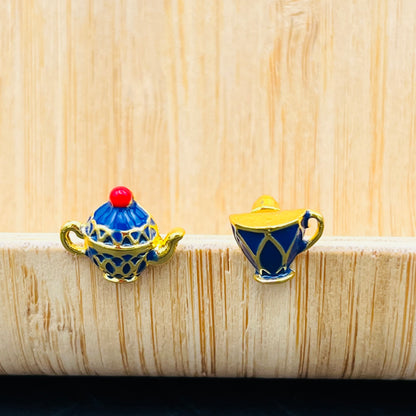 Blue Tea Bottle & Teacup Stud Earrings - Boho Chic Minimalist Gold Jewelry