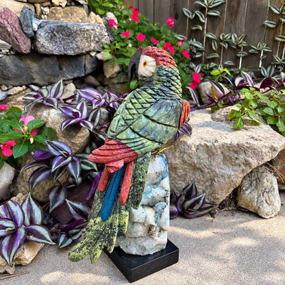 Colorful Gemstone Parrot Sculpture | Hand-Carved Natural Stone Bird on Chrysocolla Base | Tropical Home Decor