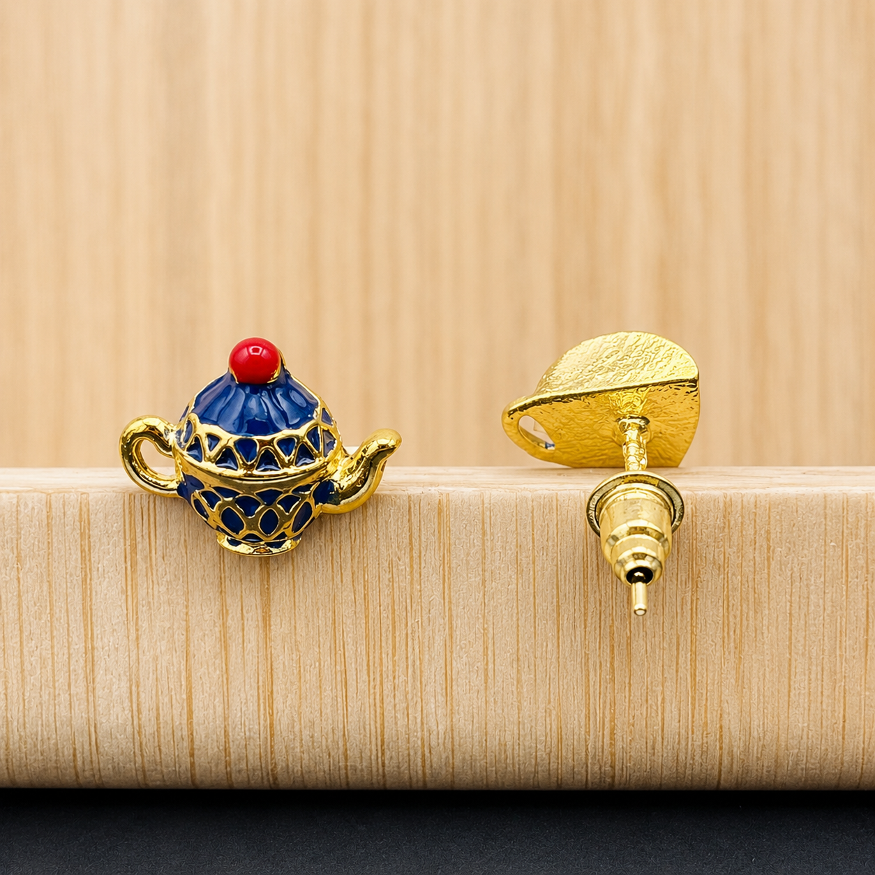 Blue Teapot & Teacup Stud Earrings – Gold-Tone Whimsical Tea Lover Jewelry