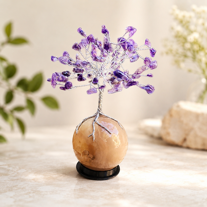 Handmade Amethyst Gemstone Tree on Polychrome Jasper Sphere – Crystal Tree of Life Home Decor