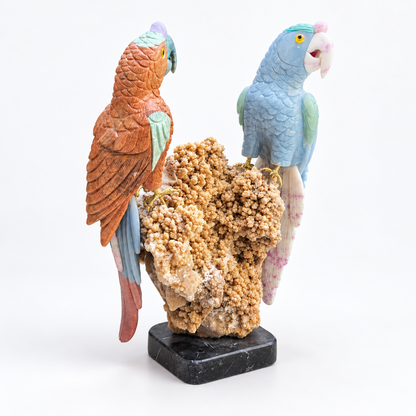 Hand-Carved Gemstone Parrot Pair Sculpture on Calcite Cluster – Tropical Bird Home Decor