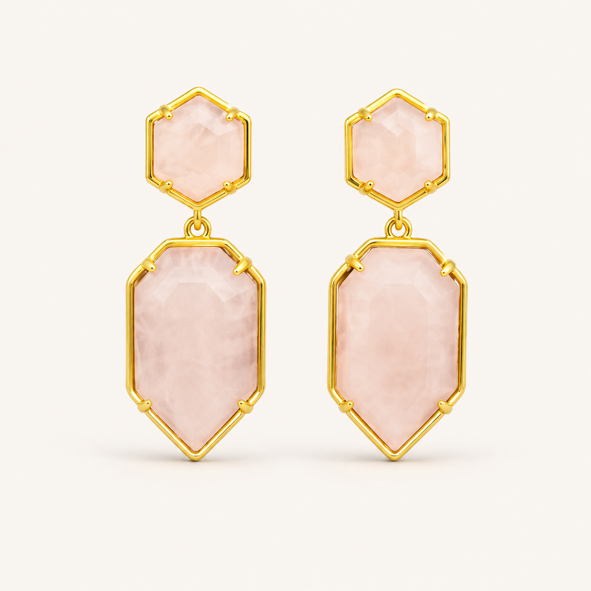 Rose Quartz Geometric Dangle Earrings – Gold-Tone Pink Gemstone Jewelry
