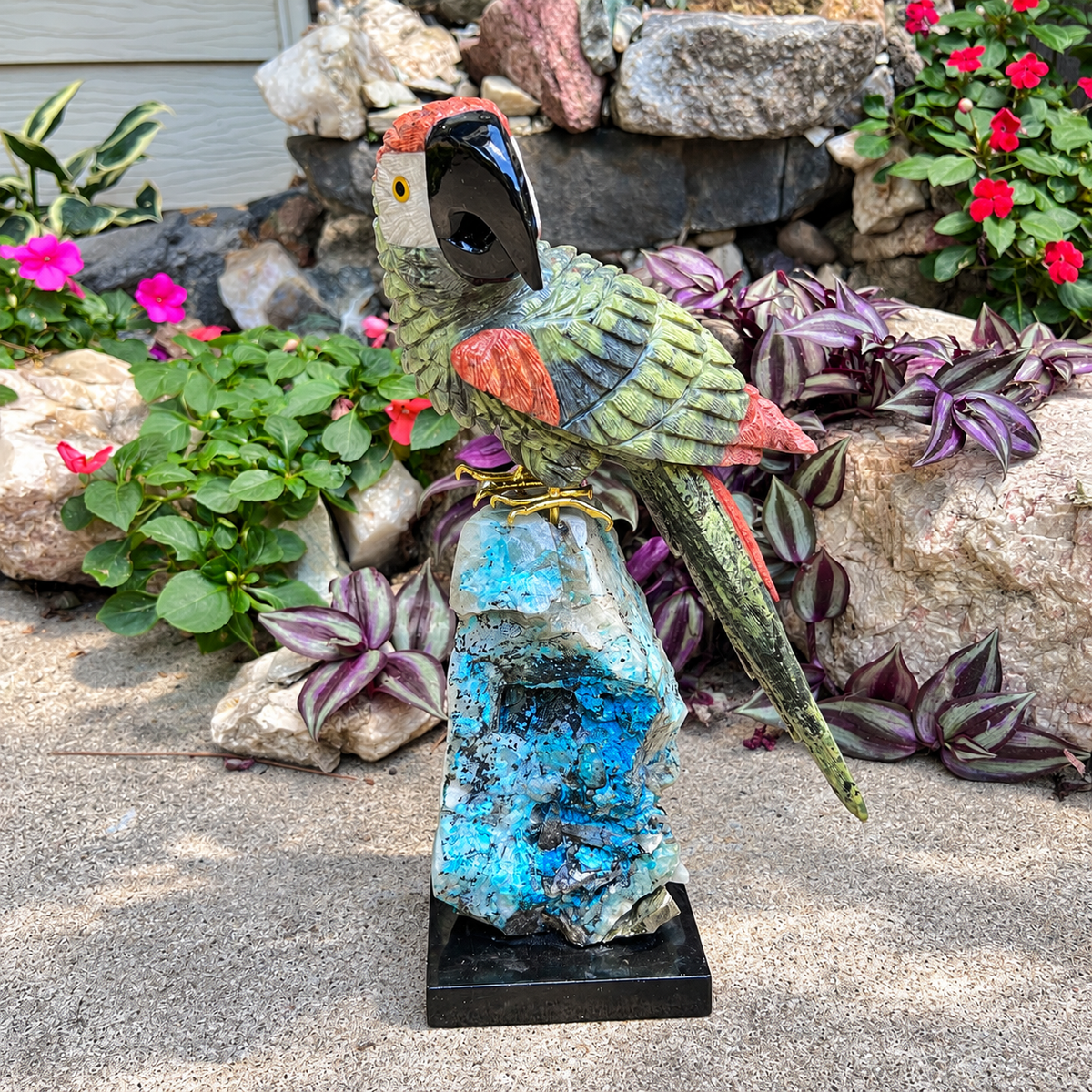 Colorful Gemstone Parrot Sculpture | Hand-Carved Natural Stone Bird on Chrysocolla Base | Tropical Home Decor