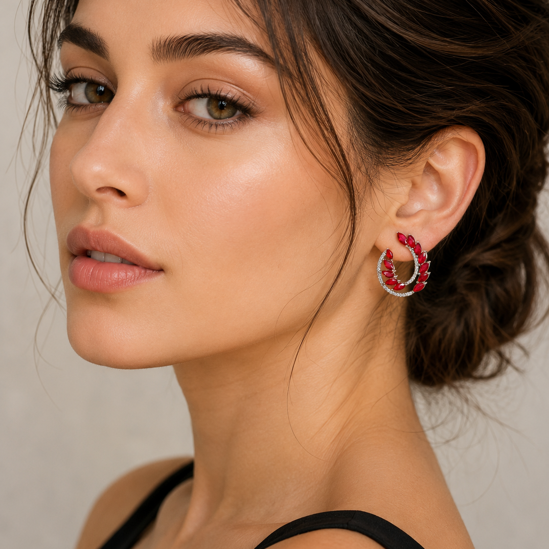 Deep Red Crystal Leaf Stud Earrings