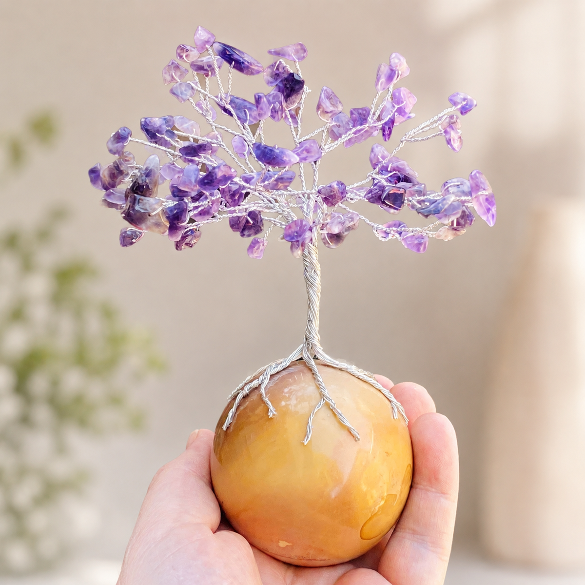 Handmade Amethyst Gemstone Tree on Polychrome Jasper Sphere – Crystal Tree of Life Home Decor