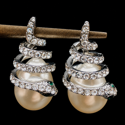 Gold Crystal Snake Pearl Drop Earrings - Victorian Gothic Serpent Earrings