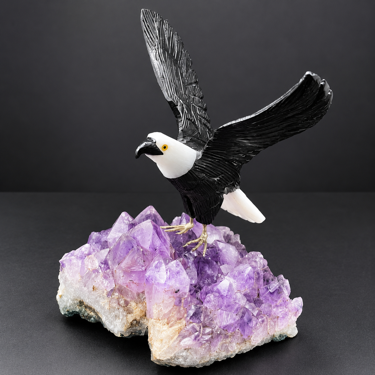 Bald Eagle Sculpture on Amethyst Geode – Gemstone Bird Figurine