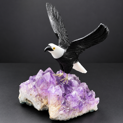 Bald Eagle Sculpture on Amethyst Geode – Gemstone Bird Figurine