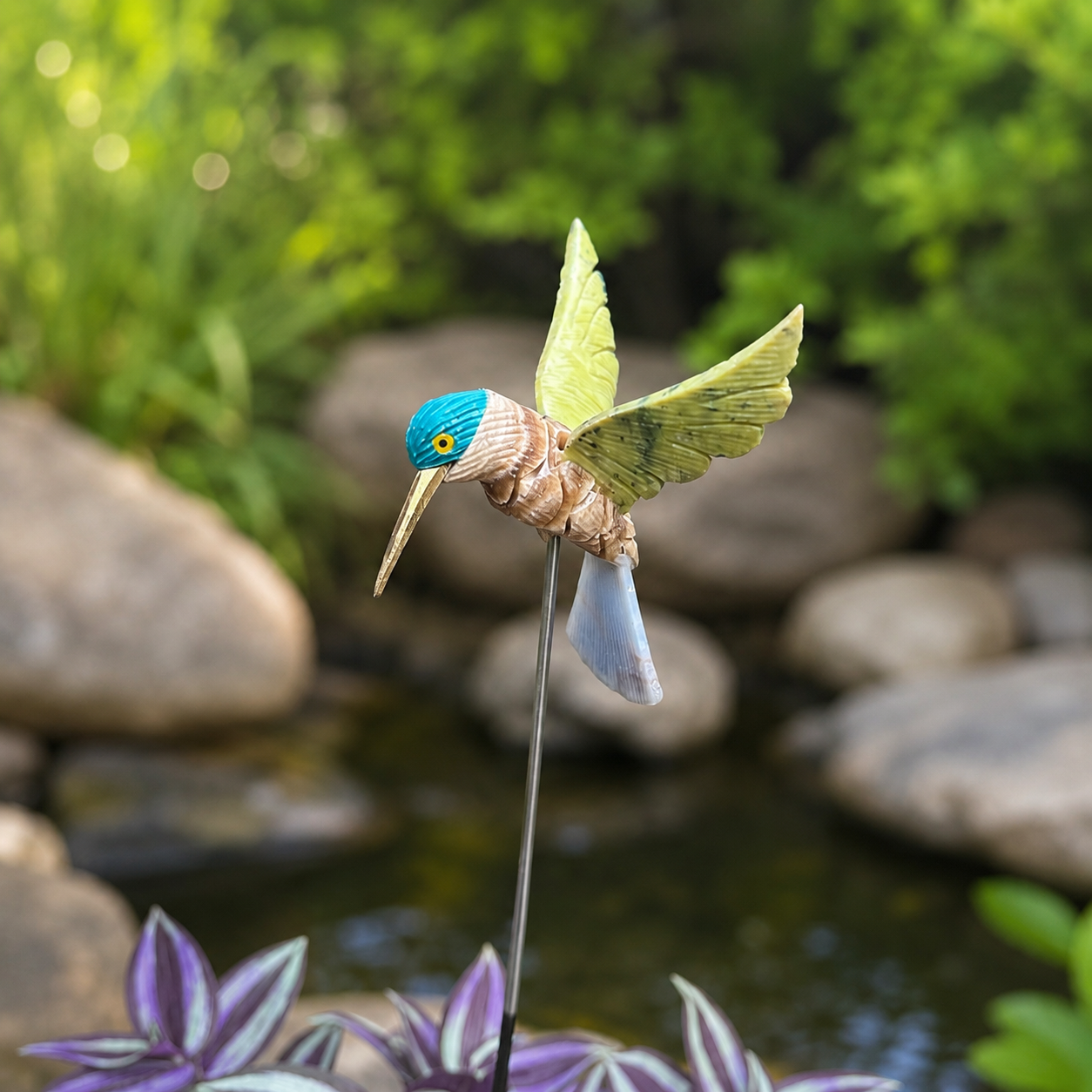 Natural Gemstone Hummingbird Stick Garden Décor Art