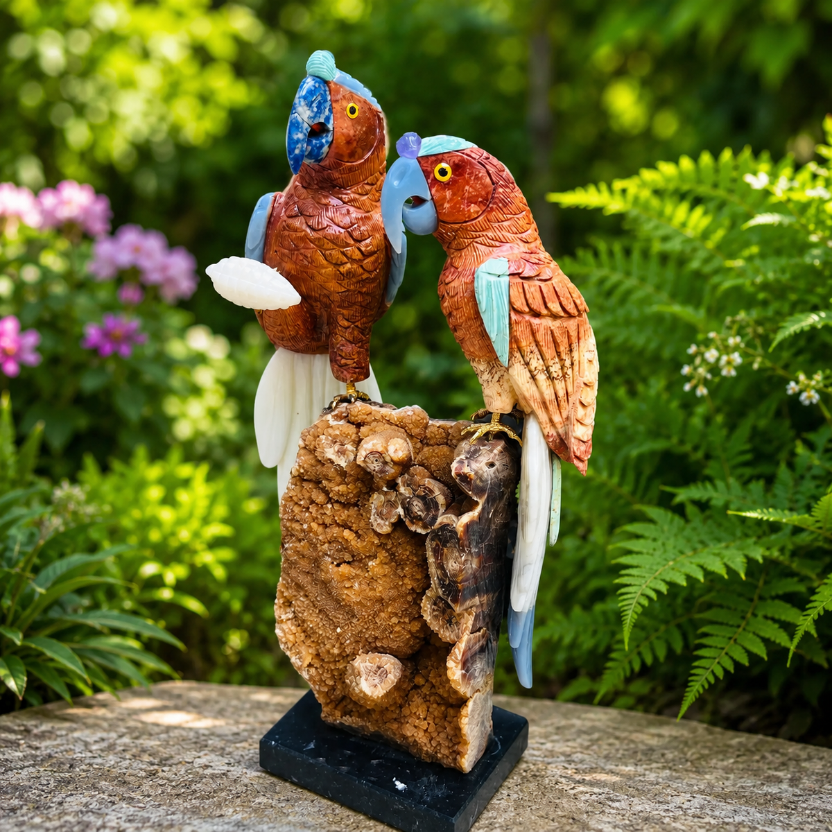Handcrafted Gemstone Parrot Pair Sculpture – Natural Stone Tropical Bird Home Decor