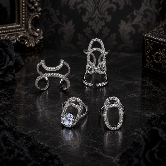 Gothic Crystal Fingernail Rings | Adjustable Silver-Tone Nail Tip Statement Jewelry