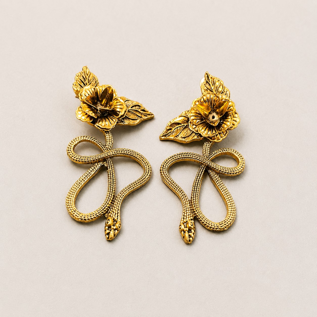 Victorian Gothic Gold Rose & Snake Dangle Earrings