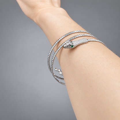 Silver Snake Arm & Wrist Bracelet with Emerald Eyes – Statement Serpent Jewelry
