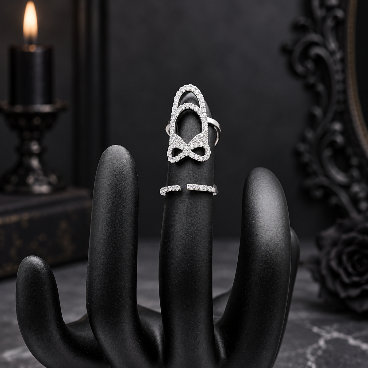 Gothic Crystal Fingernail Rings | Adjustable Silver-Tone Nail Tip Statement Jewelry