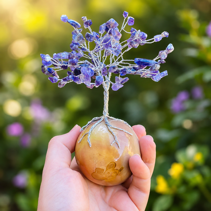 Handmade Amethyst Gemstone Tree on Polychrome Jasper Sphere – Crystal Tree of Life Home Decor
