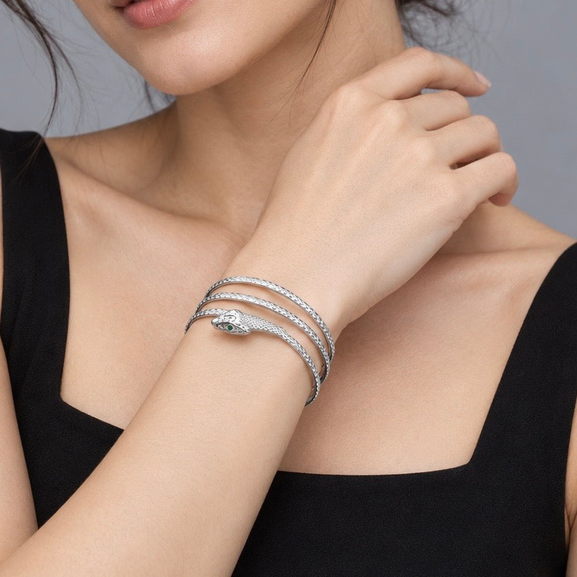 Silver Snake Arm & Wrist Bracelet with Emerald Eyes – Statement Serpent Jewelry