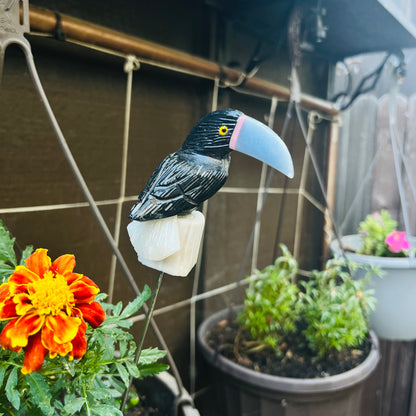 Hand-carved Gemstone Tropical Toucan Yard Stake | Wild Bird Statue Decoration