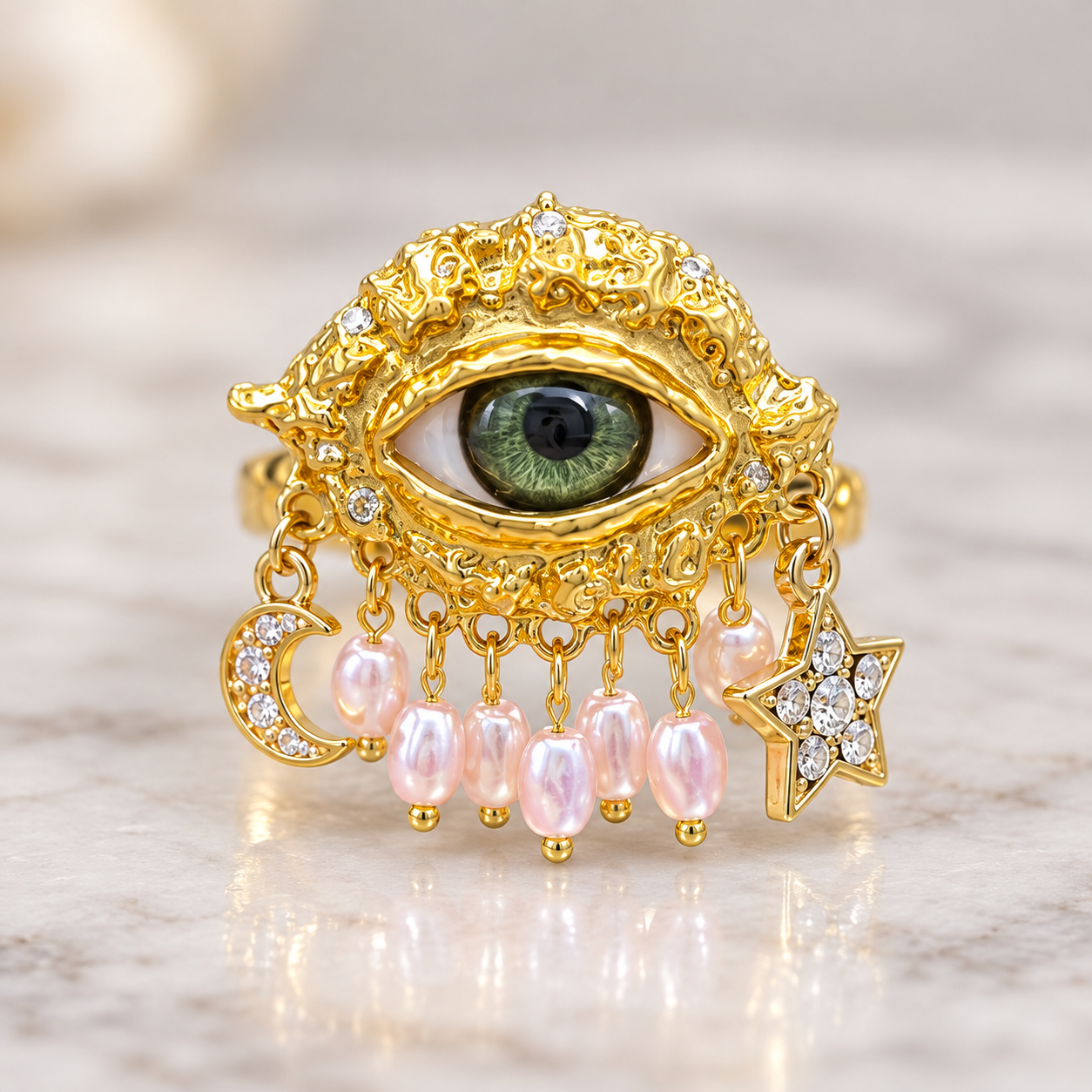 Gothic Evil Eye Statement Ring | Green Eye, Pearl Drops & Celestial Moon Star Details