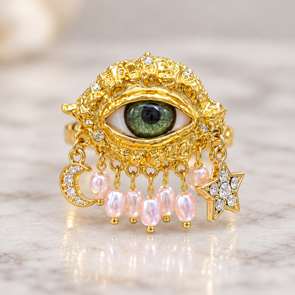 Gothic Evil Eye Statement Ring | Green Eye, Pearl Drops & Celestial Moon Star Details