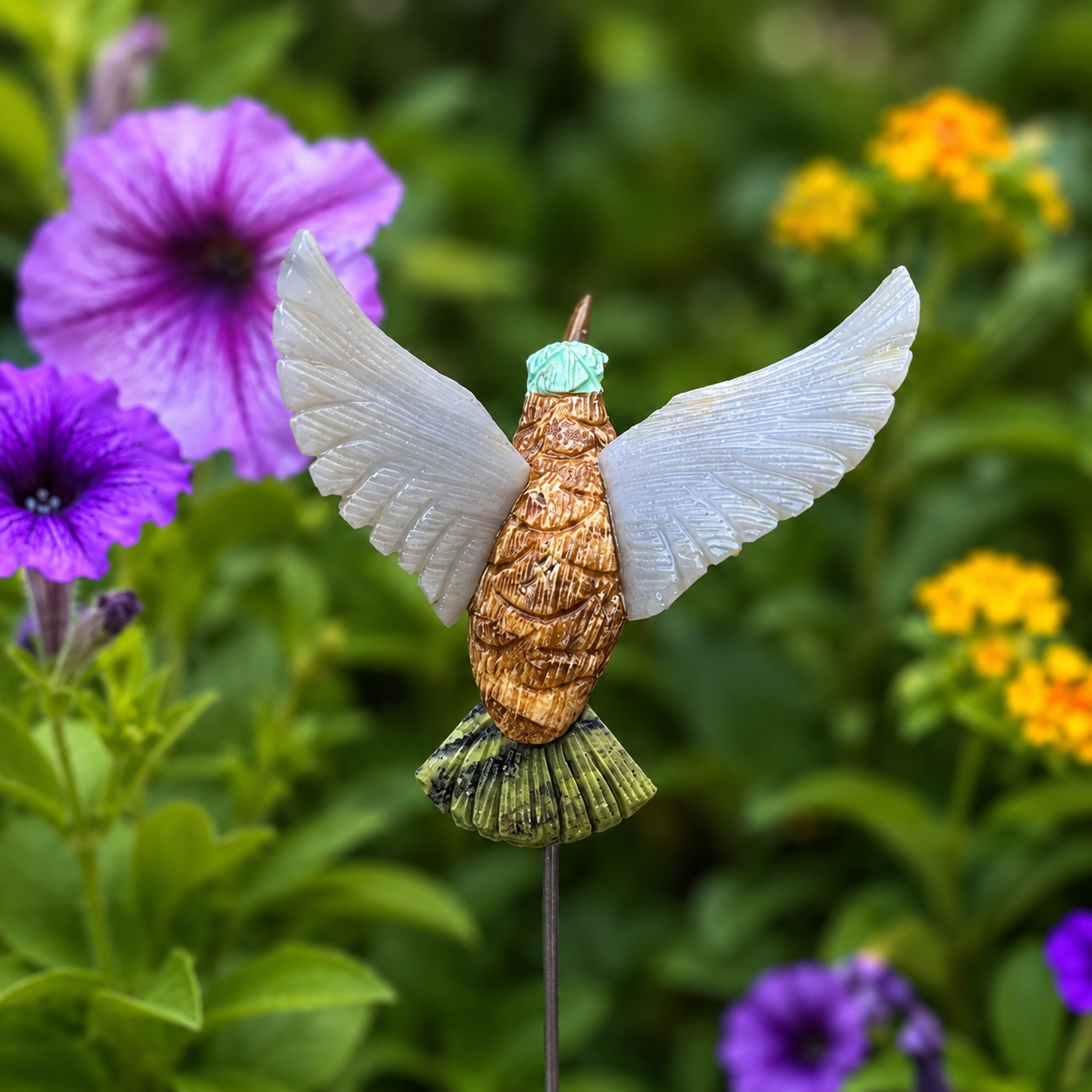 Gemstone Hummingbird Garden Stake – Natural Stone Bird Garden Decor