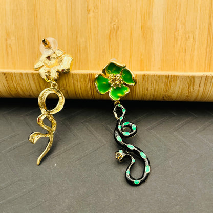 Victorian-Style Asymmetric Green Floral Snake Earrings | Gold-Toned Serpent Dangle with Emerald Accents