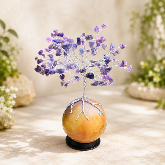 Handmade Amethyst Gemstone Tree on Polychrome Jasper Sphere – Crystal Tree of Life Home Decor