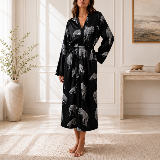 Black & White Leopard Print Kimono Robe, Women's Long Belted Dressing Gown, Boho Loungewear, Asian Inspired Sleepwear