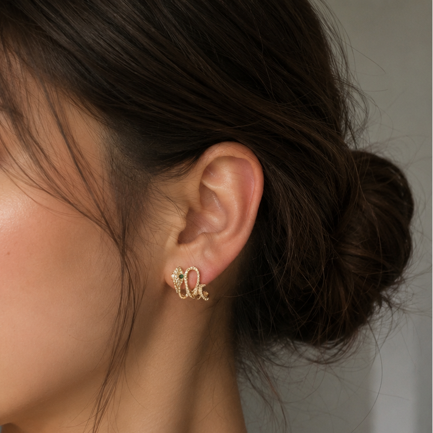 Gold Snake Stud Earrings – Emerald Green Crystal Eyes