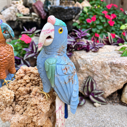 Hand-Carved Gemstone Parrot Pair Sculpture on Calcite Cluster – Tropical Bird Home Decor