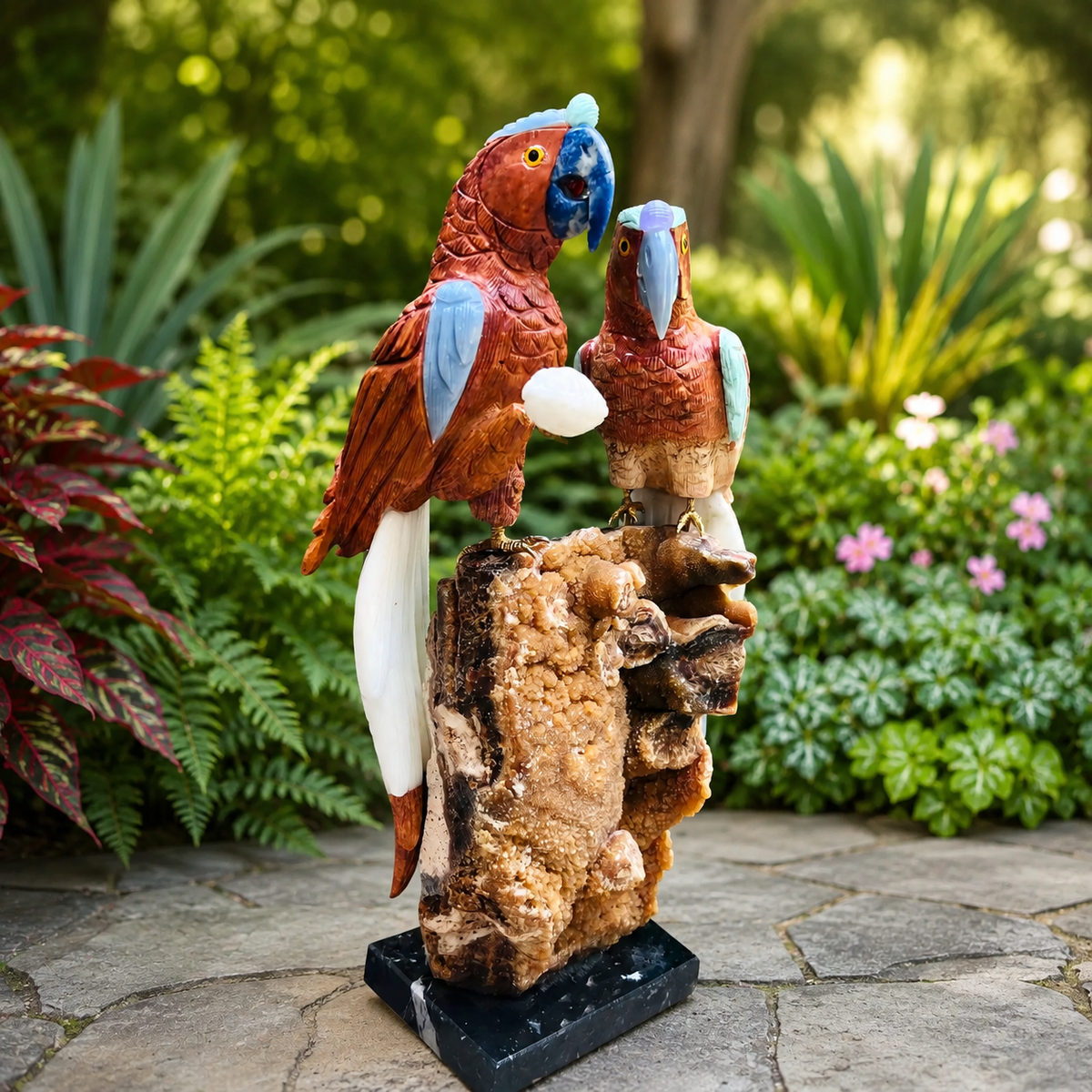 Handcrafted Gemstone Parrot Pair Sculpture – Natural Stone Tropical Bird Home Decor