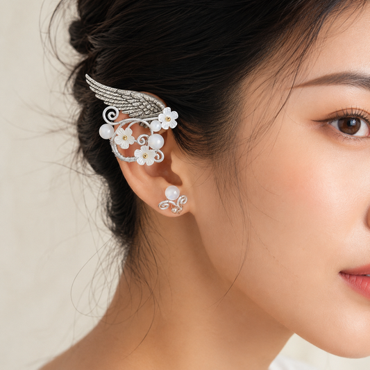 A close-up of a woman's ear wearing a silver-toned wing-shaped ear cuff decorated with white pearl-like flowers, paired with a matching small white pearl stud earring.
