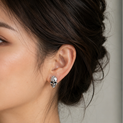 Gothic Silver Crystal Skull Stud Earrings