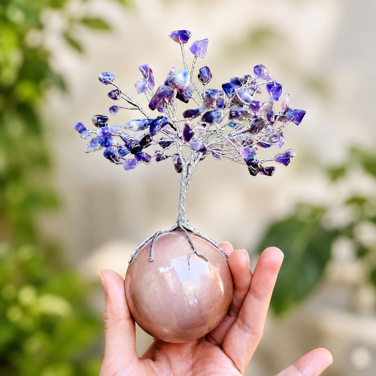 Handmade Amethyst Gemstone Tree on Polychrome Jasper Sphere – Crystal Tree of Life Home Decor