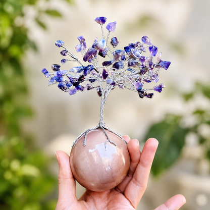 Handmade Amethyst Gemstone Tree on Polychrome Jasper Sphere – Crystal Tree of Life Home Decor