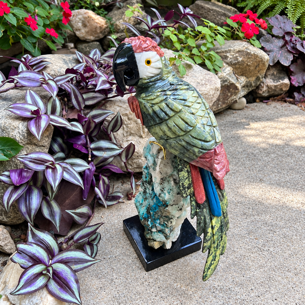 Colorful Gemstone Parrot Sculpture | Hand-Carved Natural Stone Bird on Chrysocolla Base | Tropical Home Decor