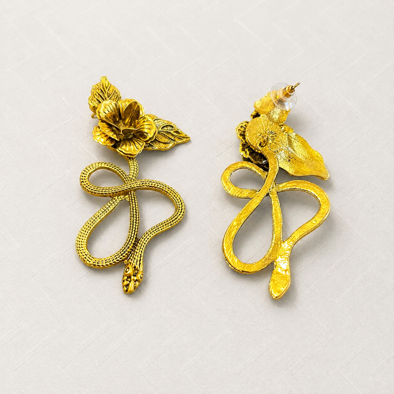 Victorian Gothic Gold Rose & Snake Dangle Earrings