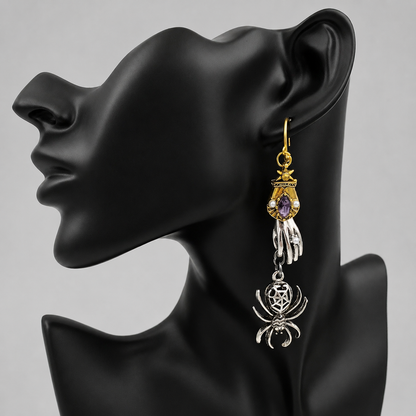 Gothic Hand & Spider Dangle Earrings - Purple Crystal Statement Jewelry