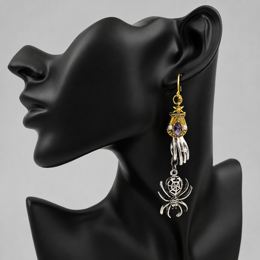 Gothic Hand & Spider Dangle Earrings - Purple Crystal Statement Jewelry
