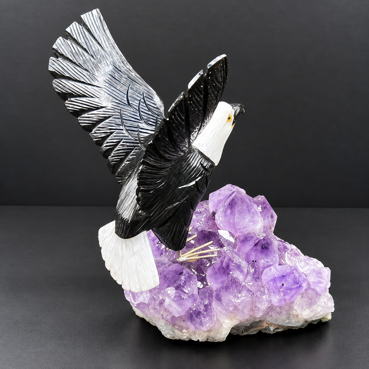 Bald Eagle Sculpture on Amethyst Geode – Gemstone Bird Figurine