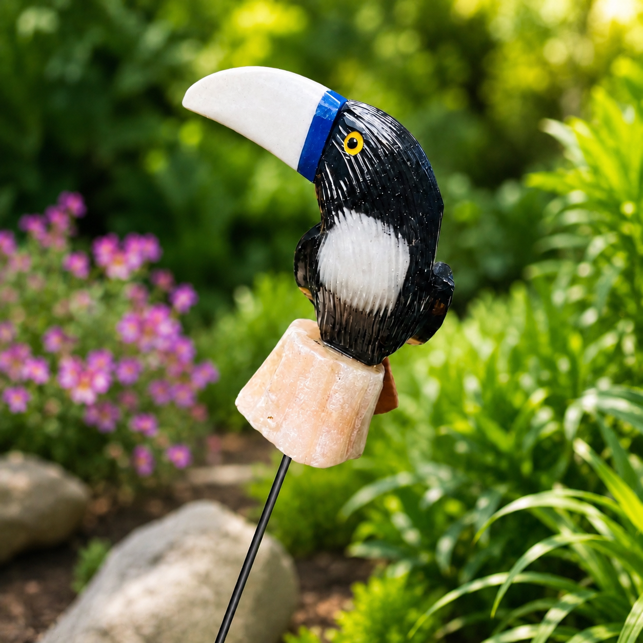 Hand-Carved Gemstone Toucan Garden Stake – Natural Stone Tropical Bird Garden Decor