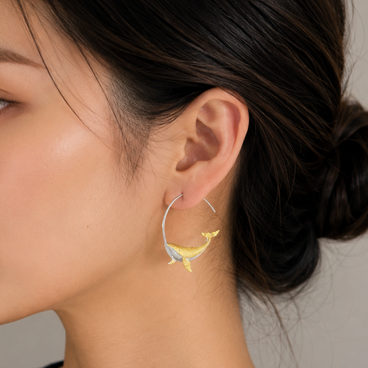 Whale Hoop Earrings – Gold-Tone & Silver-Tone Ocean Animal Earrings, Whimsical Nautical Jewelry, Sea Life Lover Gift