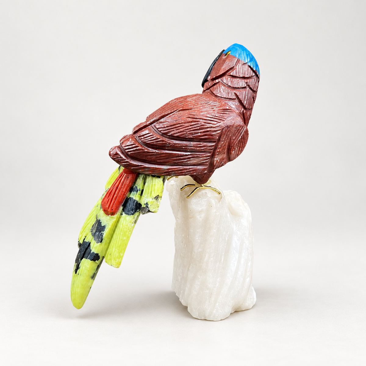 Natural Gemstone Parrot Sculpture – Macaw Bird Figurine on Milky Quartz