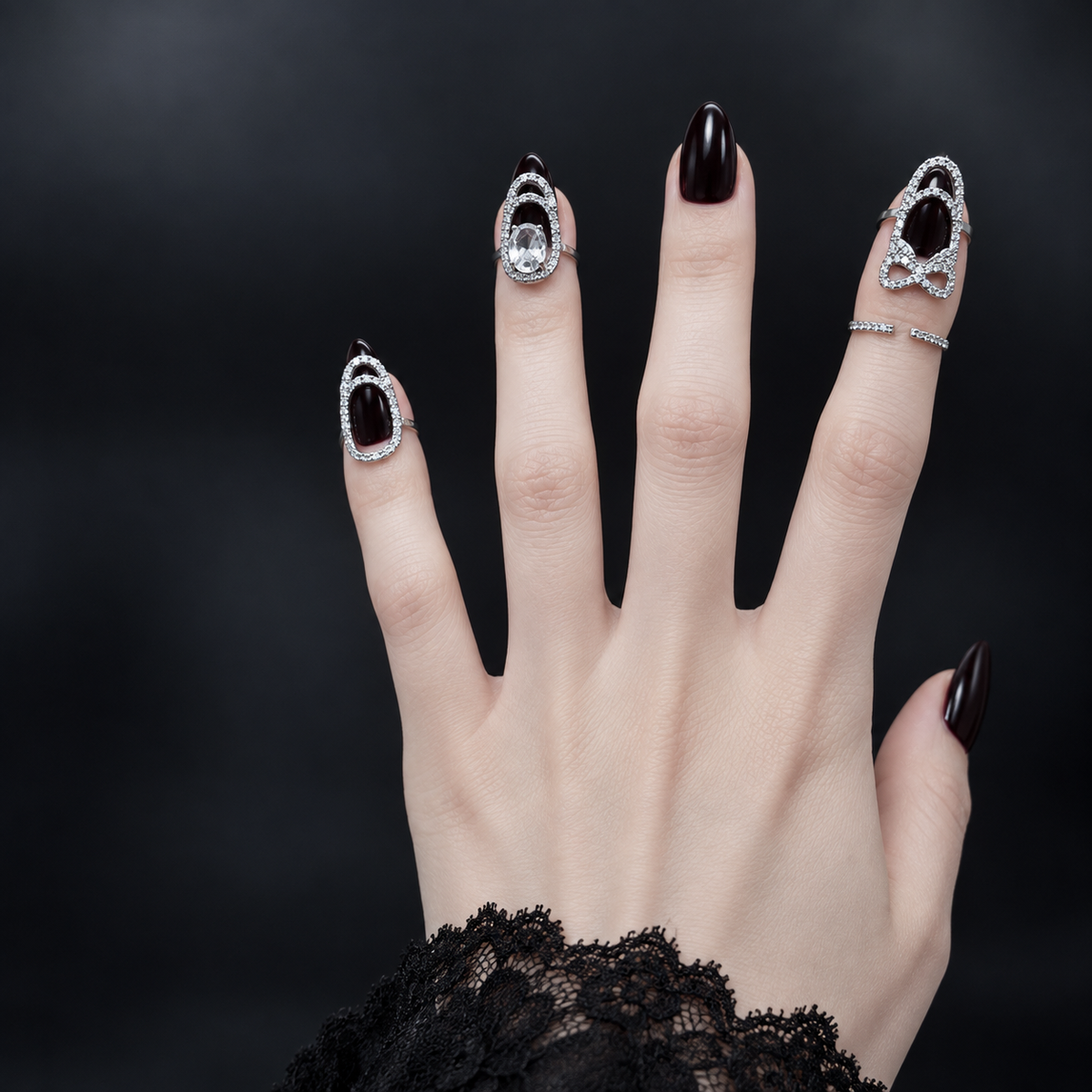 Gothic Crystal Fingernail Rings | Adjustable Silver-Tone Nail Tip Statement Jewelry