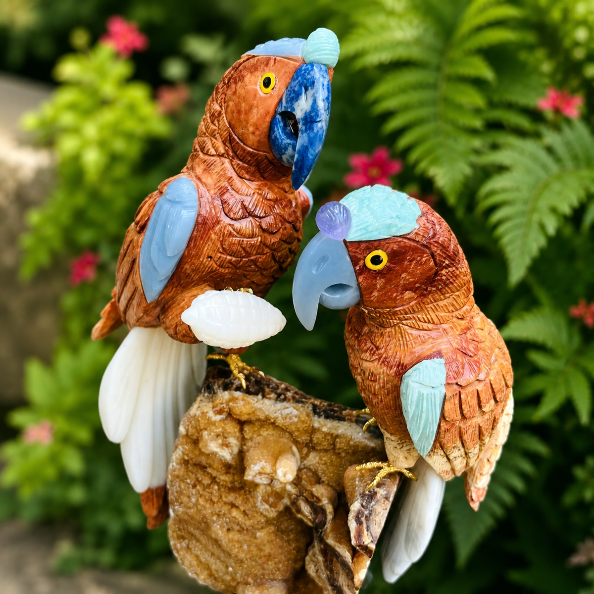 Handcrafted Gemstone Parrot Pair Sculpture – Natural Stone Tropical Bird Home Decor