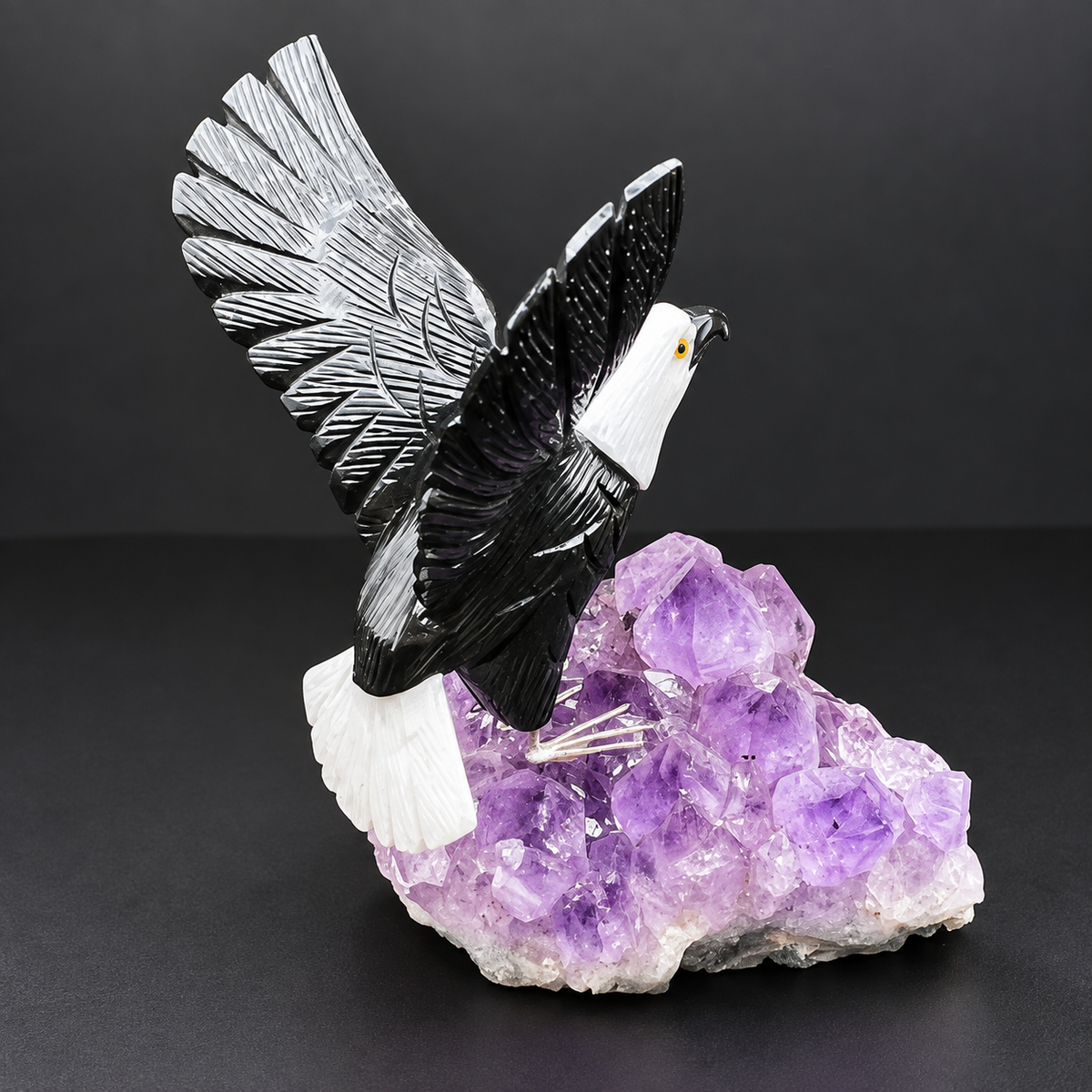 Bald Eagle Sculpture on Amethyst Geode – Gemstone Bird Figurine