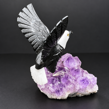 Bald Eagle Sculpture on Amethyst Geode – Gemstone Bird Figurine