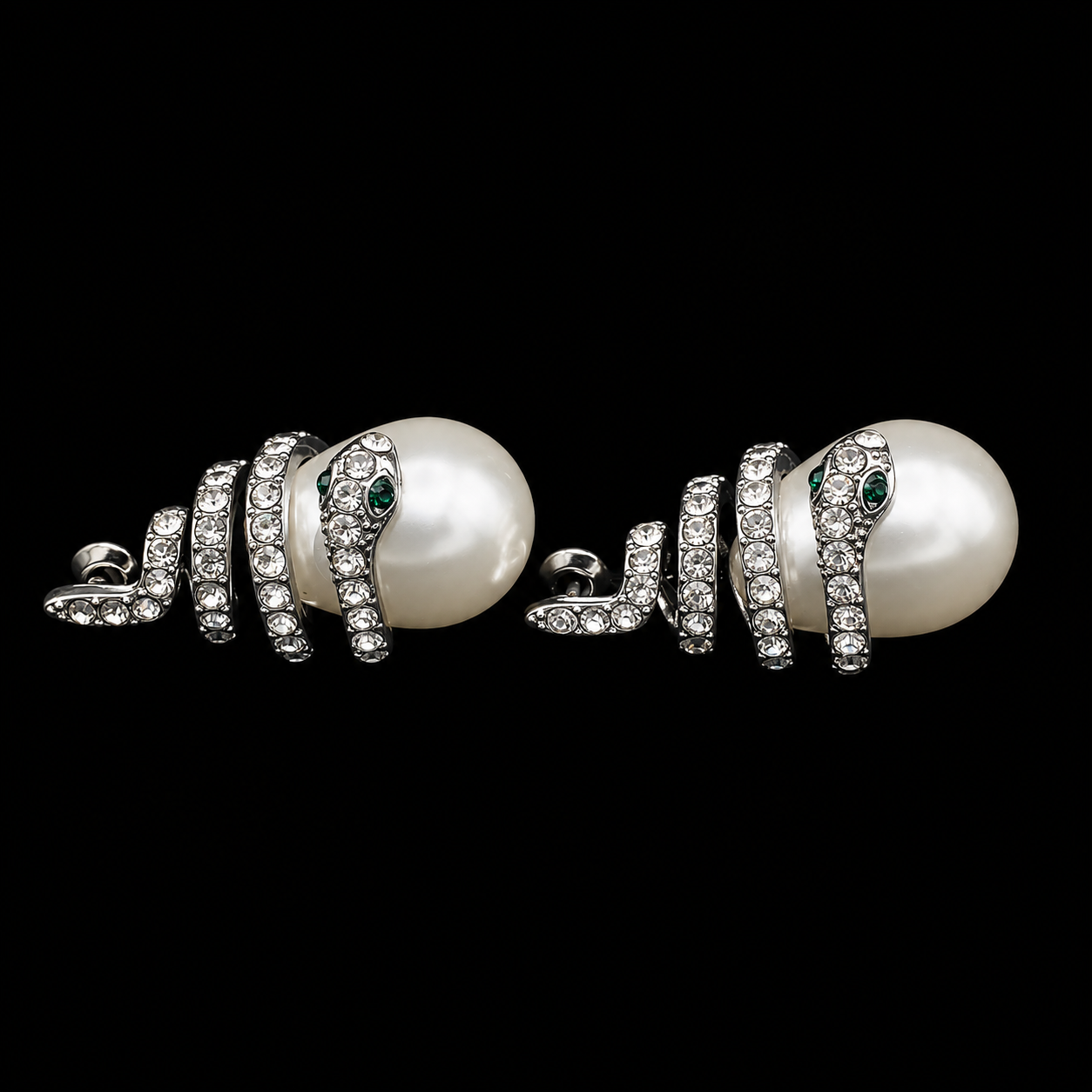 Gold Crystal Snake Pearl Drop Earrings - Victorian Gothic Serpent Earrings