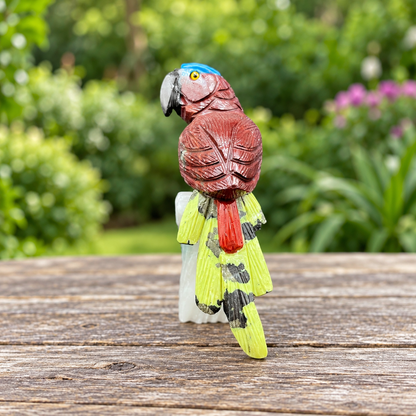 Natural Gemstone Parrot Sculpture – Macaw Bird Figurine on Milky Quartz